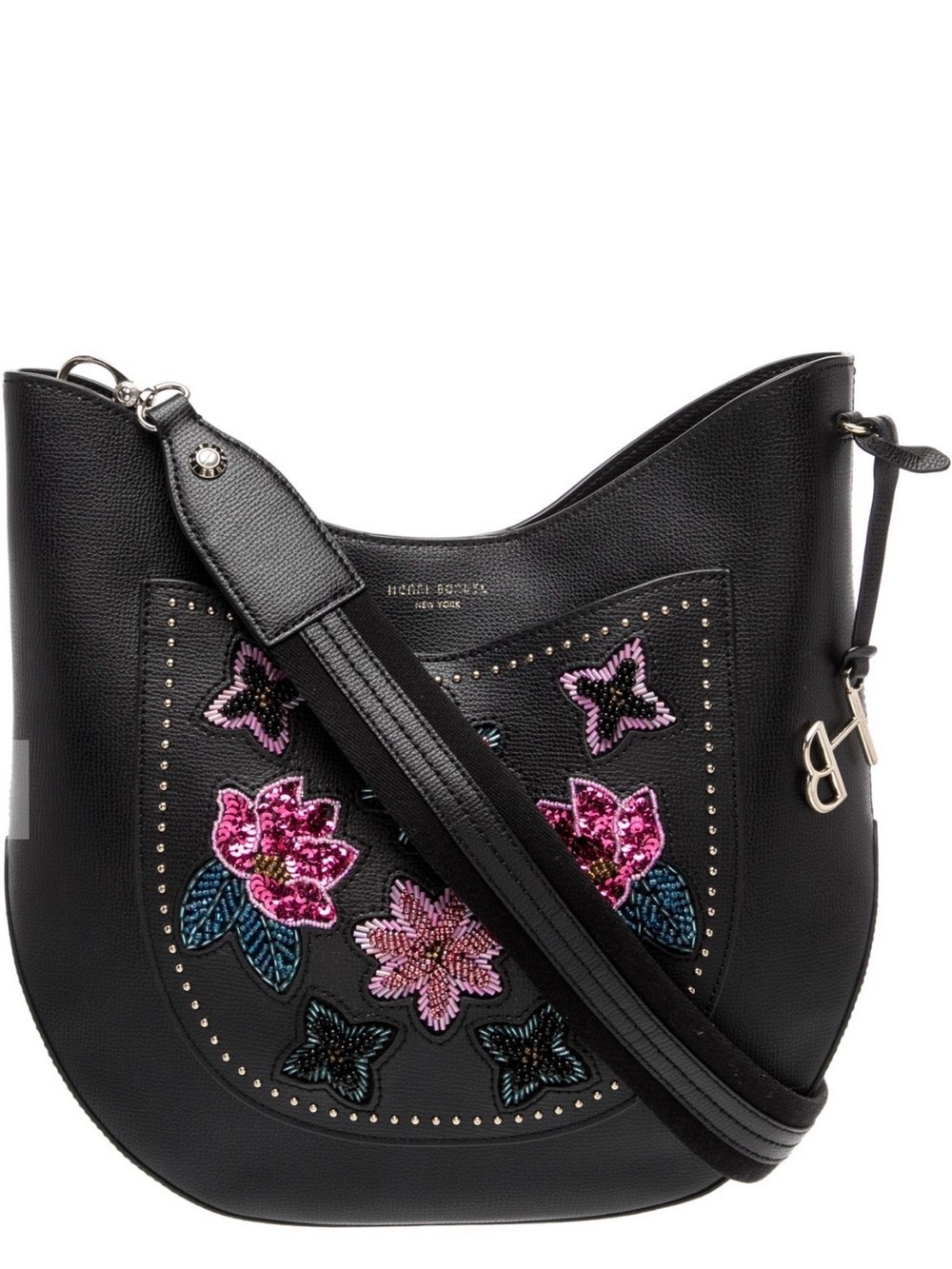 Henri Bendel Rare Embellished Beaded Floral Black Pebbled Leather Hobo wDust Bag